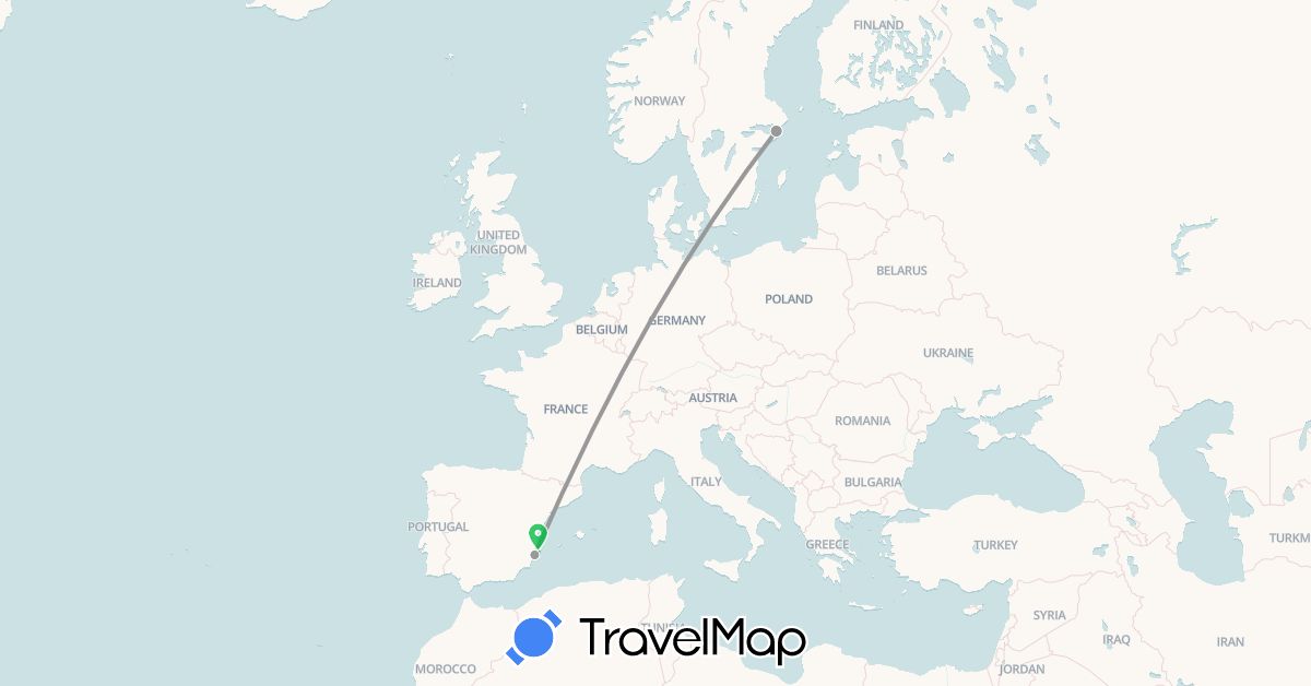 TravelMap itinerary: driving, bus, plane in Spain, Sweden (Europe)